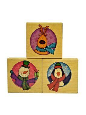 Wooden Rubber Stamp Set of 3 Winter Buddies Snowman, Penguin and Reindeer